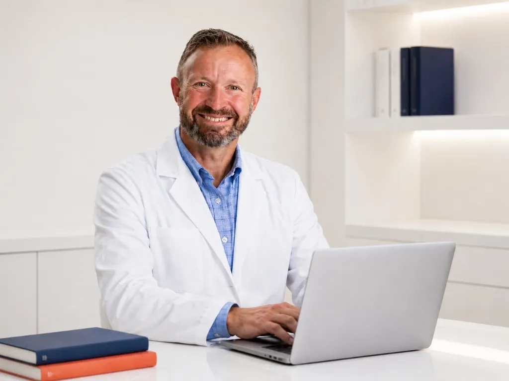 Aletheia Integrative Medical physician working at office desk