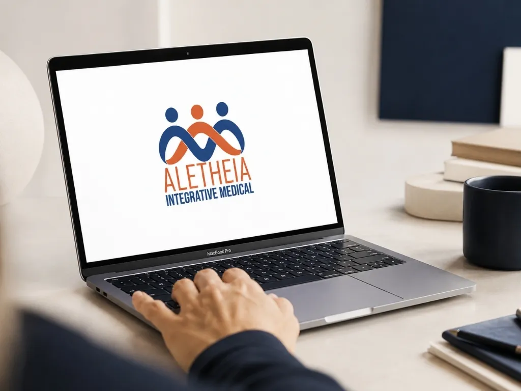Aletheia Integrative Medical website logo displayed on laptop